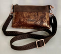 Metallic brown copper faux leather crossbody bag with solid brown top