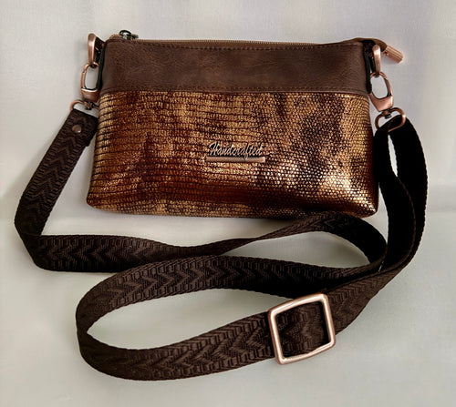 Metallic brown copper faux leather crossbody bag with solid brown top